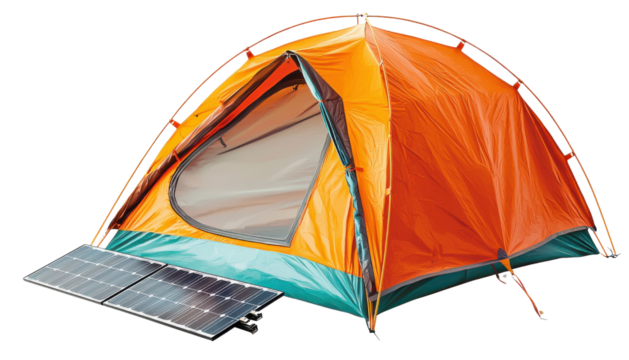Orange camping tent with open door and portable solar panel on transparency background - Powered by Adobe