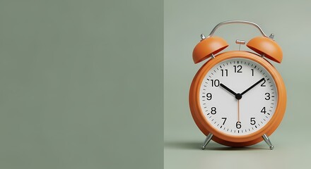 Orange alarm clock on green background Time concept