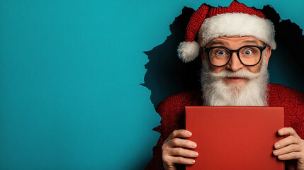 Naklejka premium Emotional Santa Claus with red box in his hands looks through torn hole of blue paper background jumping, points his hand to empty place of copy space background. Xmas copy space