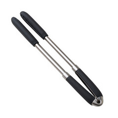 A pair of stainless steel kitchen tongs with black rubberized grips ideal for grilling or serving food isolated on transparent background