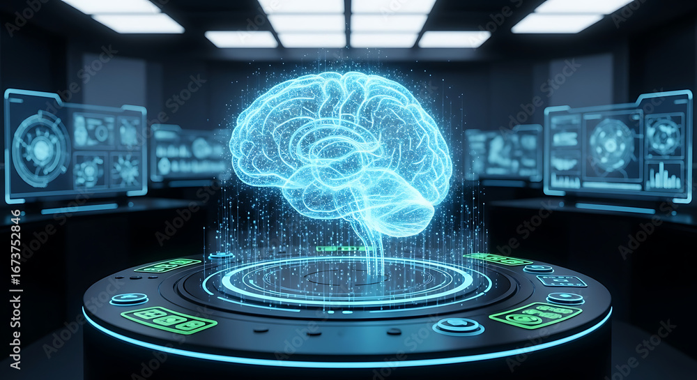 Poster holographic brain displayed on a futuristic platform with monitors in the background in a dark room