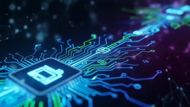 Abstract digital circuit board with glowing lines and symbols - Powered by Adobe