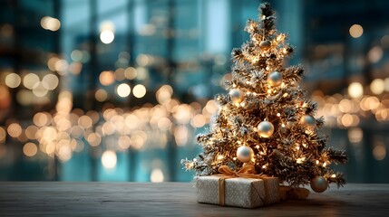 Beautifully decorated Christmas tree with glowing warm lights and elegant gold baubles brings holiday cheer to a modern, out-of-focus office space.