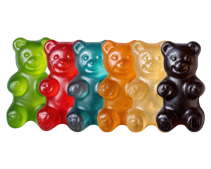 Colorful gummy bear candy sweet snack chewy texture vibrant colors isolated on transparency background playful and fun assorted fruit flavor joyful treat close up delicious