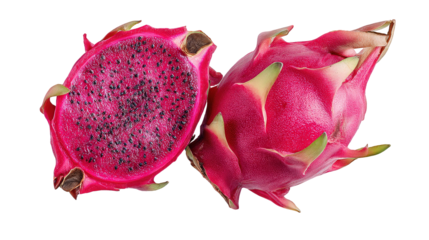 Closeup of a Cut Red Dragon Fruit with Visible Seeds on Transparent Background