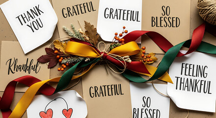An assortment of cards with gratitude messages and a decorative ribbon bow on a neutral background ai generated