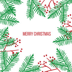 Christmas Frame with Pine Branches and Red Berries