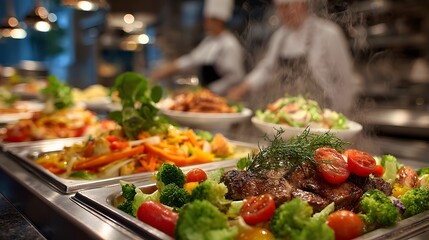 Bright, modern corporate cafeteria buffet line, with a fresh, crisp salad bar in the foreground and steam rising from hot food in stainless steel chafing dishes.