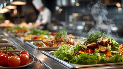 Obraz premium Bright, modern corporate cafeteria buffet line, with a fresh, crisp salad bar in the foreground and steam rising from hot food in stainless steel chafing dishes.