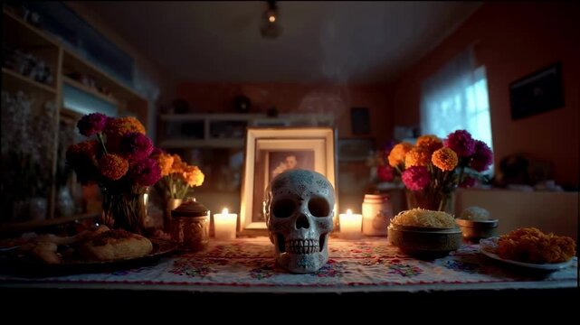 A traditional ofrenda altar decorated with a central sugar skull, burning candles, marigolds, and food, set in a home to honor the dead for the Dia de los Muertos celebration