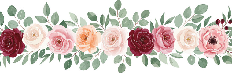 Watercolor painted roses and eucalyptus leaves border.