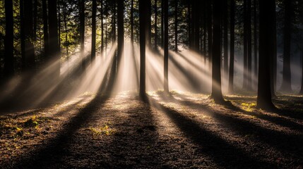 Fototapeta premium Dramatic sun rays piercing through forest trees in morning light
