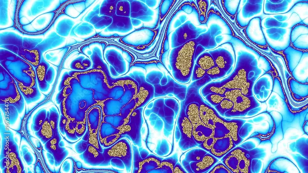 Poster dynamic flow of blue and gold marble paint patterns in motion. loop psychedelic background