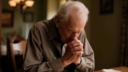 An elderly man with folded hands says a prayer before a festive Thanksgiving dinner, expressing deep gratitude and embodying the spirit of a traditional family celebration