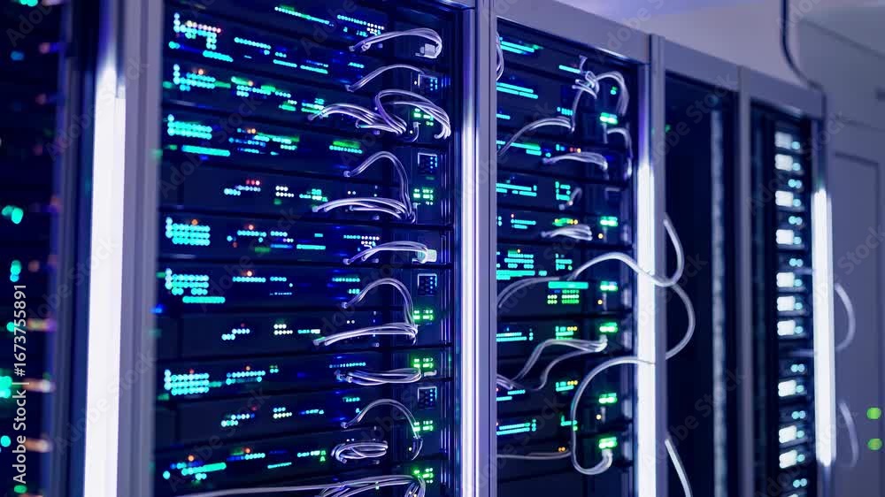 Poster rows of computer servers with blinking green and blue led lights are housed in a data center. networ