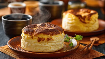 Light and Fluffy Japanese Souffle Pancakes Served on Wooden Plates with Fresh Mint Garnish and Coffee in Background