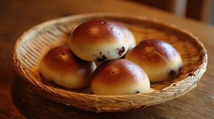 Obraz premium Freshly Baked Soft Buns with Red Bean Filling in a Traditional Woven Basket on Wooden Table