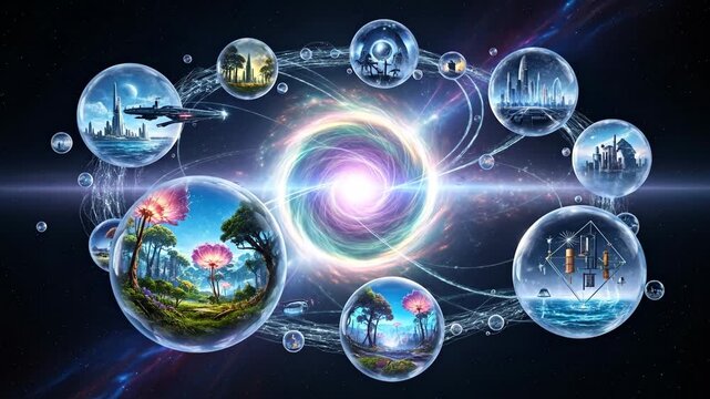 Parallel Universes: Multiverse Dimensions - A mesmerizing visualization of a multiverse, depicting various universes encapsulated within shimmering bubbles connected by ethereal threads, surrounding