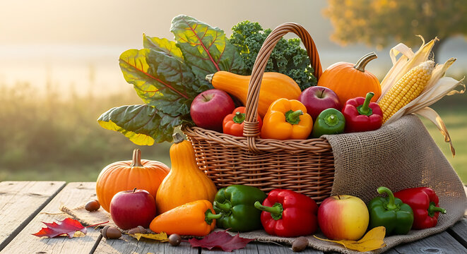 A bountiful harvest basket filled with autumn vegetables and fruits on a rustic wooden table top ai generated