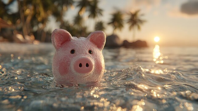 Cheerful pink piggy bank floats in calm ocean water at sunset. The golden sun casts a warm glow over the dreamy, photorealistic tropical paradise scene.