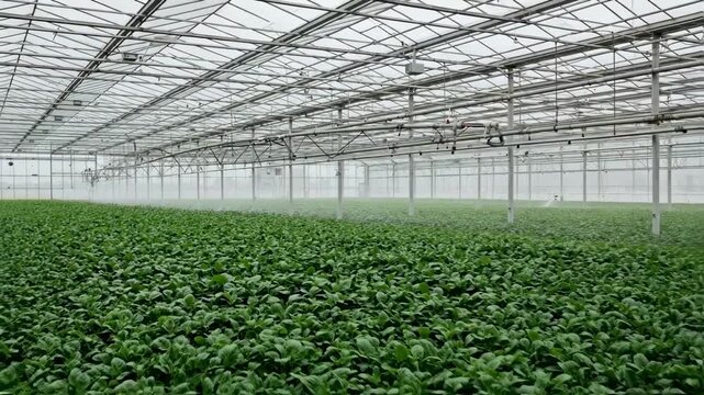 An automated irrigation system sprays water over rows of young green plants inside a vast commercial greenhouse, showcasing modern horticulture and agricultural techniques