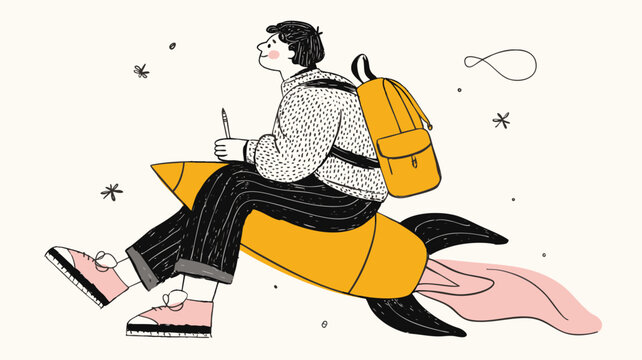 Creative back to school illustration — student with backpack riding rocket as education and future success concept