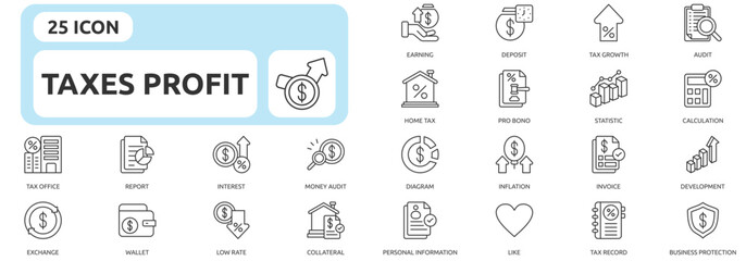 Taxes Profit icon set outline style with profit, earning, deposit, tax growth, audit, home tax, pro bono, tax office, tax record, business protection icons