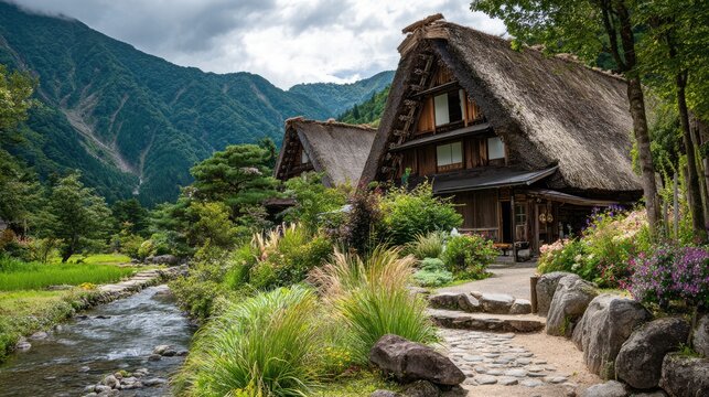 Traditional Japanese Thatched Roof House Nestled Beside Serene Stream in Lush Mountain Landscape