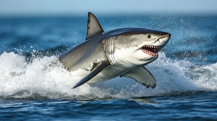 Fototapeta premium Great white shark leaping, ocean waves, wildlife documentary