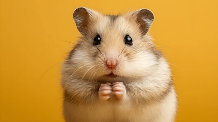 A cute, fluffy hamster with bright eyes, captured in front of a vibrant yellow background, exuding a playful and curious aura.