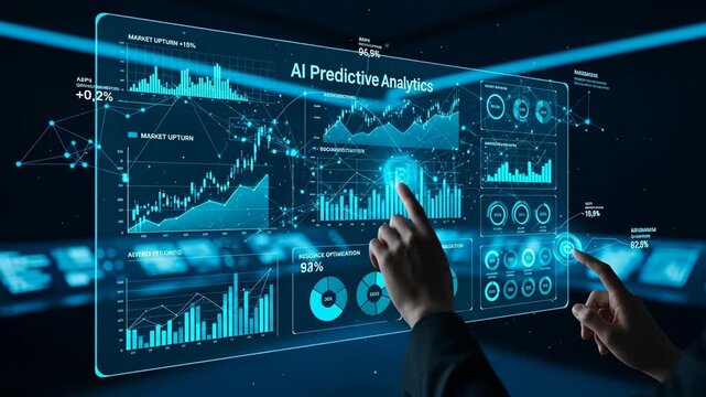 AI Predictive Analytics Dashboard - Hands interact with a futuristic digital interface displaying AI predictive analytics, showing various charts and graphs with market data and resource optimization.