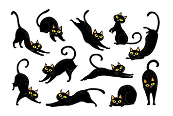 Set of Cute Black Cats with Yellow Eyes in various poses. Designed in a cute. Halloween and pet-related themes