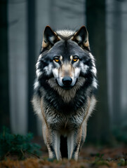 Obraz premium A striking close-up of a gray wolf standing alert in a misty forest, showcasing its piercing golden eyes and thick fur in a natural habitat.