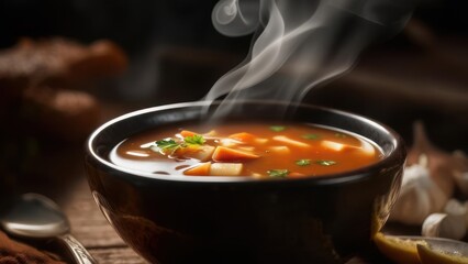 Hot soup in dark bowl