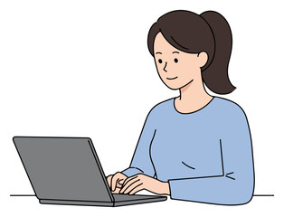 A woman sits at a desk, focused on using a laptop computer.