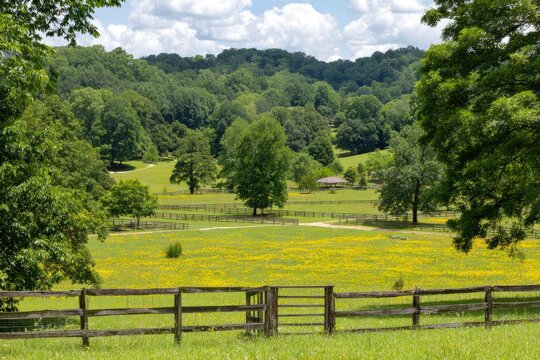 Open field with yellow wildflowers, wooden fences, and lush green trees