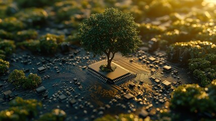 Green tech tree circuit board sunset eco