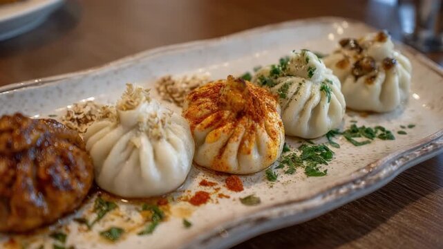 Assortment of five delicious Georgian Khinkali dumplings garnished with herbs and spices on a textured plate