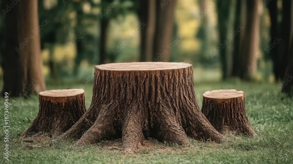 Poster three large textured tree stumps stand in a grassy forest clearing with a soft focus background