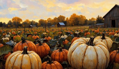 A vibrant autumn pumpkin patch under a warm, golden sky, with numerous orange and white gourds filling the expansive rural field.