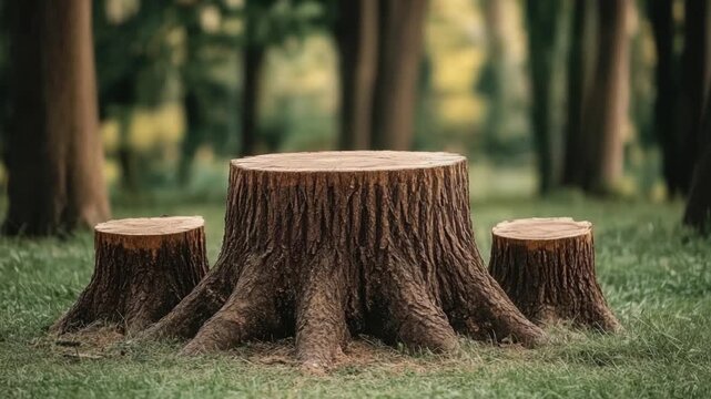 Three large textured tree stumps stand in a grassy forest clearing with a soft focus background