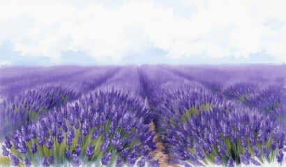 Obraz premium A picturesque landscape featuring endless rows of vibrant purple lavender flowers stretching towards the horizon under a soft sky.