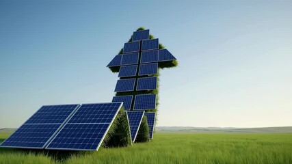 Solar panels arranged in the shape of an upward-pointing arrow on a green grassy hill. A concept of renewable energy, sustainable investment, and environmental technology - Powered by Adobe
