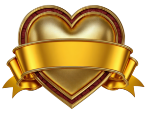 Golden heart with ribbon metallic texture red border blank banner celebration element festive luxury romantic award isolated on transparent background