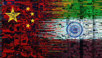 Geopolitical tensions china india flags artwork digital display abstract visualization vibrant colors global relations