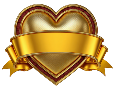 Golden heart with ribbon metallic texture red border blank banner celebration element festive luxury romantic award isolated on transparent background