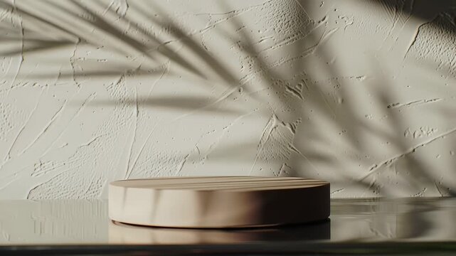 Minimalist Beige Round Podium on Textured White Wall with Palm Leaf Shadows for Product Display and Advertising Perfect for Clean Modern and Tropical Aesthetic Decoration in Adobe Stock Photos