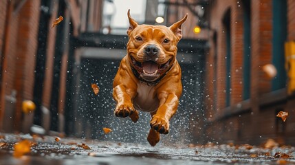 Happy dog leaps through urban alleyway