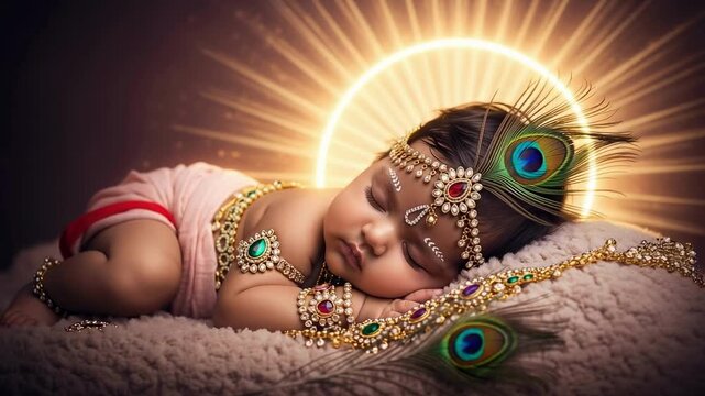 Sleeping newborn baby in traditional indian jewelry with peacock feathers and a glowing halo. A concept for the janmashtami festival, hinduism and divine innocence and childhood