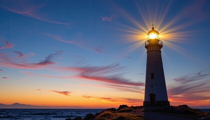 Majestic lighthouse standing tall against a colorful sunset sky with dramatic clouds over calm ocean waters